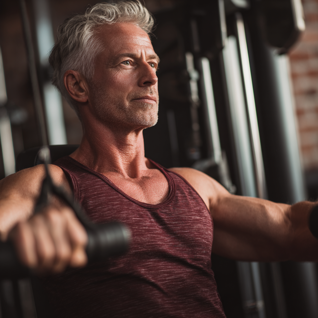 Mature adult exercising with professional fitness equipment