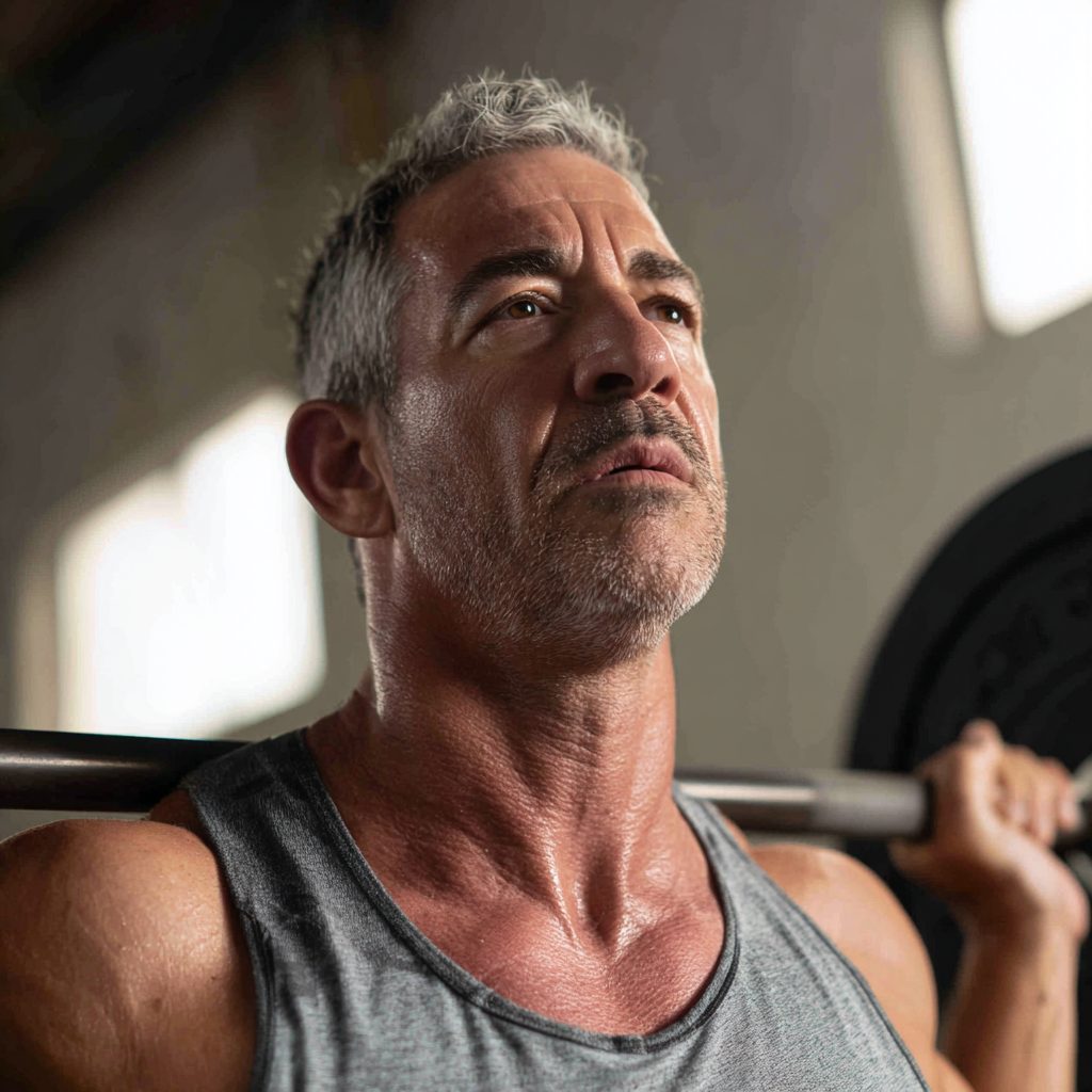 Middle-aged fitness enthusiast during strength training workout